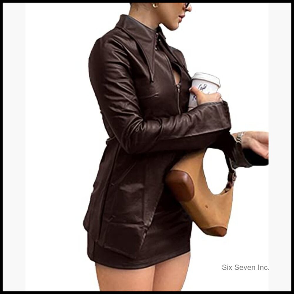Faux Leather Skirt Co-Ords Set with Hollow Out Cardigan Jacket - Picture 2 of 6